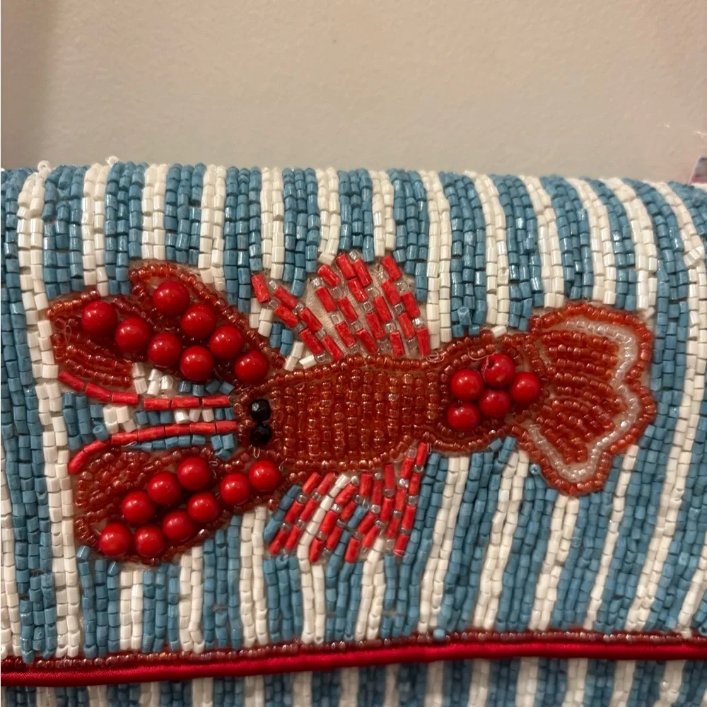 NWT Beaded Striped Blue and Red Lobster Bag w/lobster charm - Picture 2 of 8